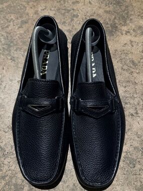 Prada Black Leather Penny Loafers with Triangle Logo